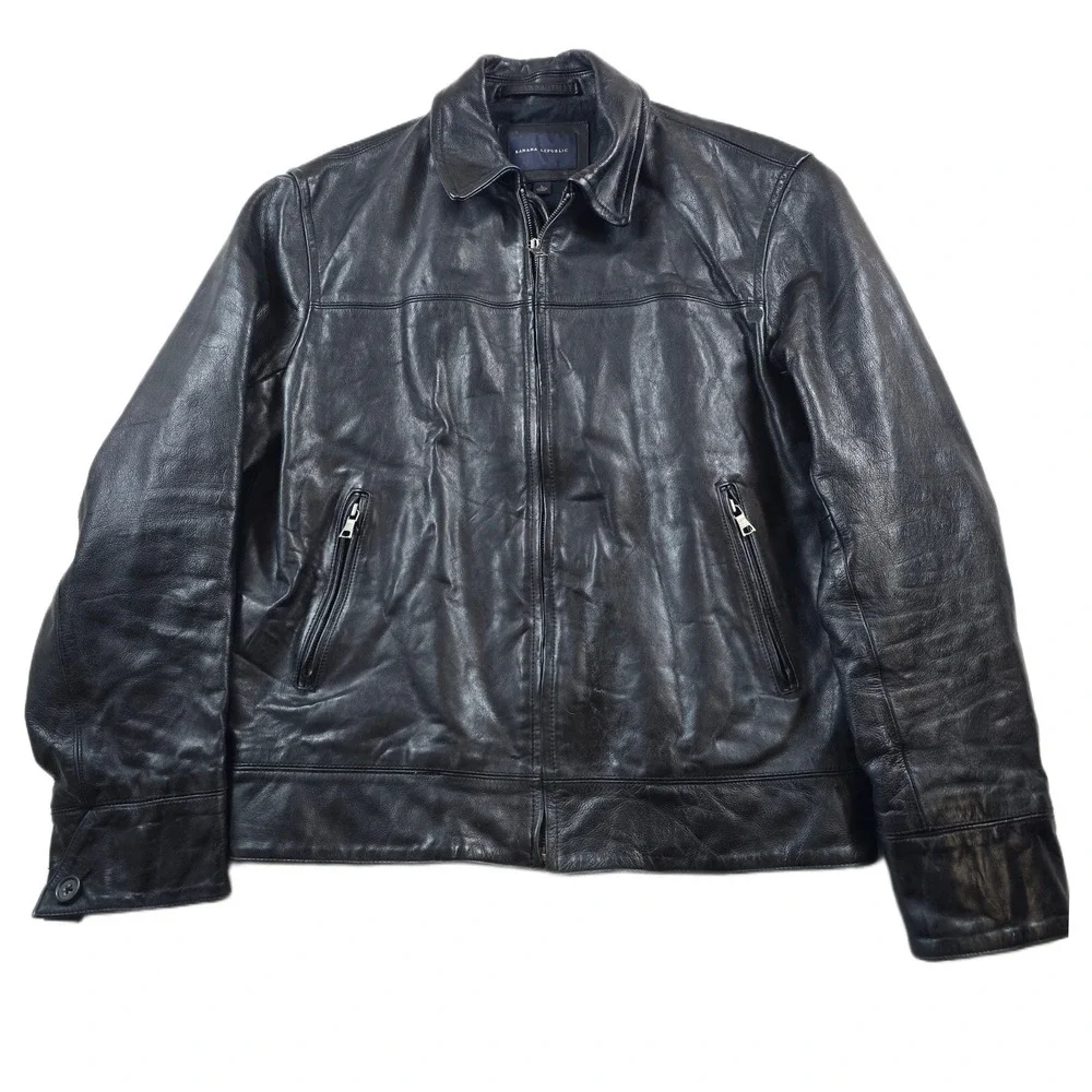 Vintage Banana Republic Leather Jacket Mens Large Black Heavy Thick Zip Classic